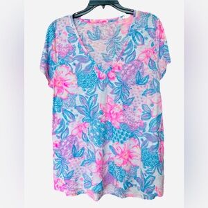 Lilly Pulitzer Top Etta V-neck Pink isle snappy turtle NWOT L